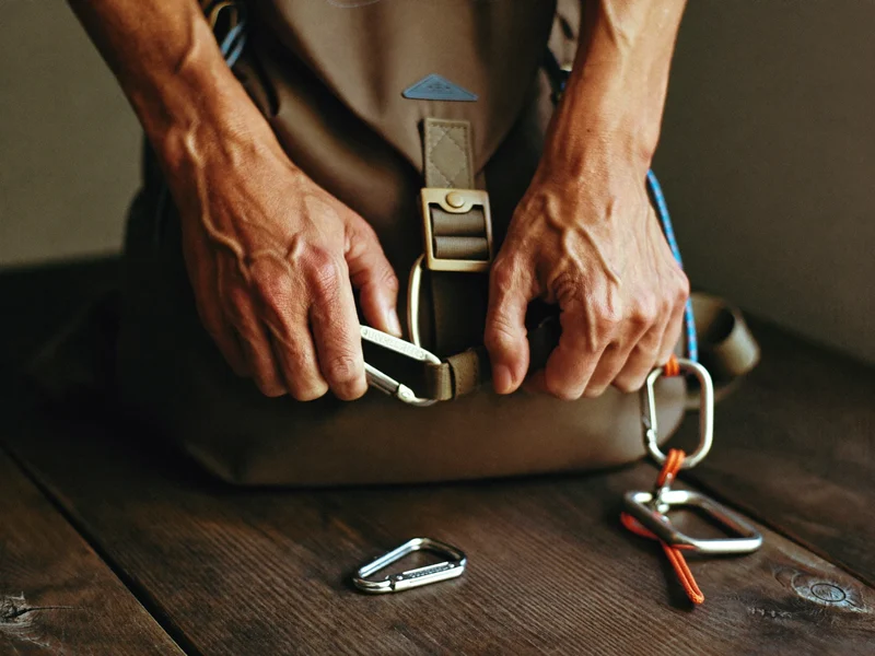 Hænder strammer rem og karabiner på en rygsæk